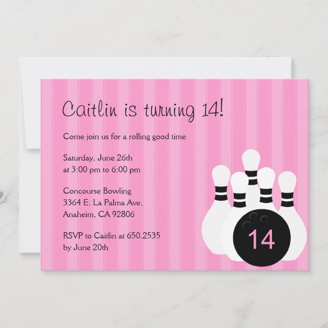 Bowling Birthday Party Invitation - Pink (Front)