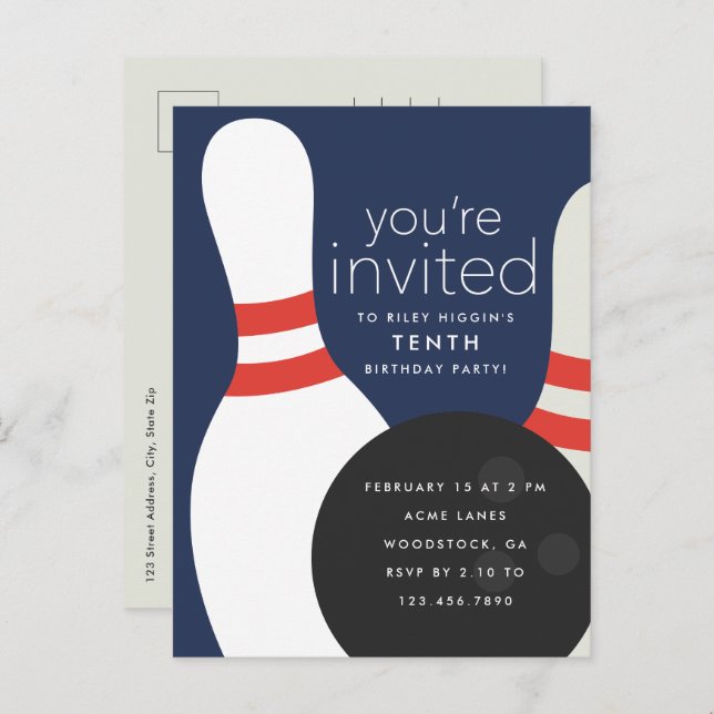 Bowling Birthday Party Invitation Postcard (Front/Back)