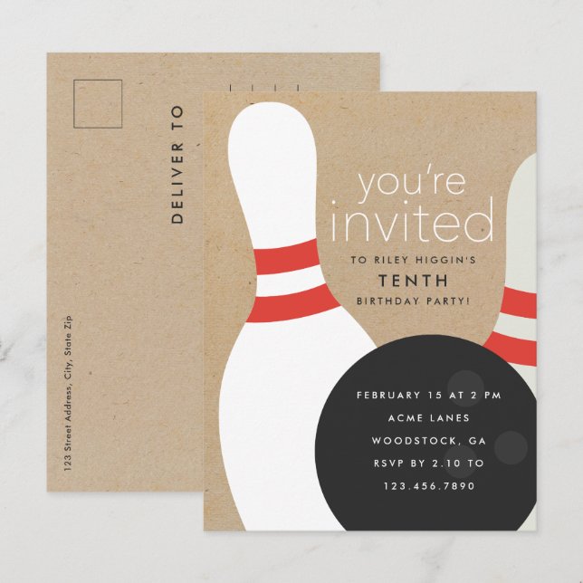Bowling Birthday Party Invitation Postcard (Front/Back)