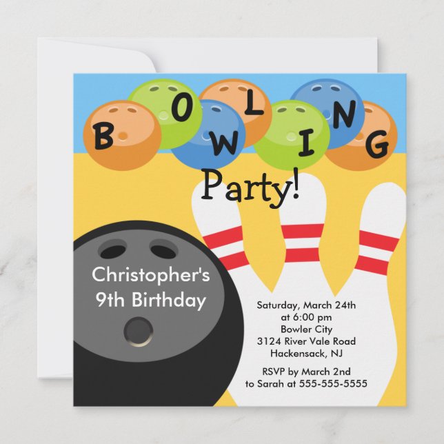 Bowling Birthday Party Invitation Retro (Front)