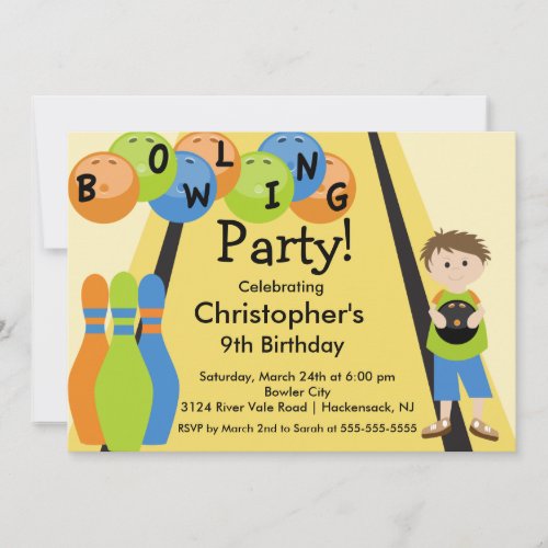 Bowling Birthday Party Invitation Retro Boy