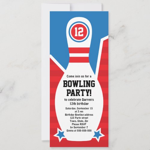 Bowling birthday party invitation with pin