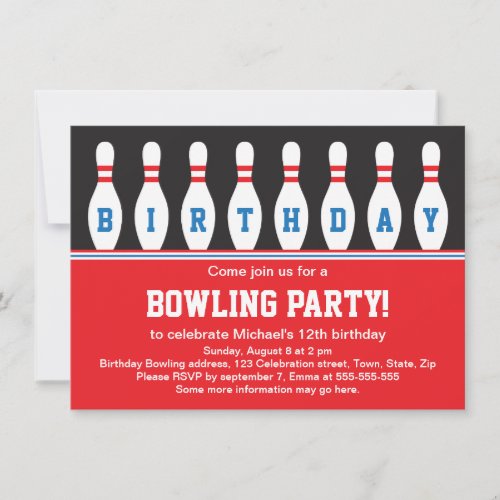 Bowling birthday party invitation with pins