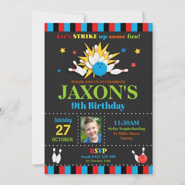 Bowling Birthday Party Invitations Boys (Front)