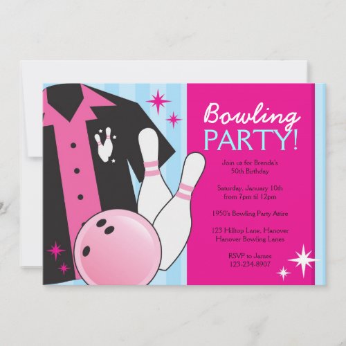 Bowling Birthday Party Invitations in pink