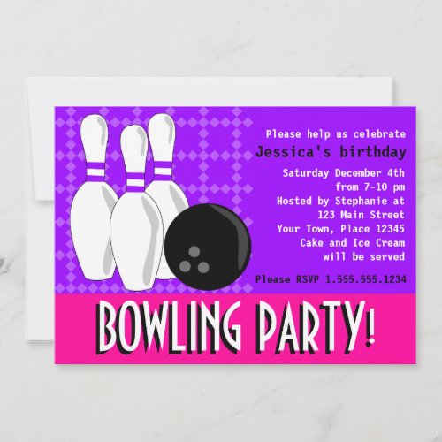 Bowling Birthday Party Invite - Pink and Purple
