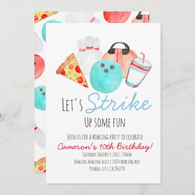 Bowling birthday party kid invitation (Front/Back)