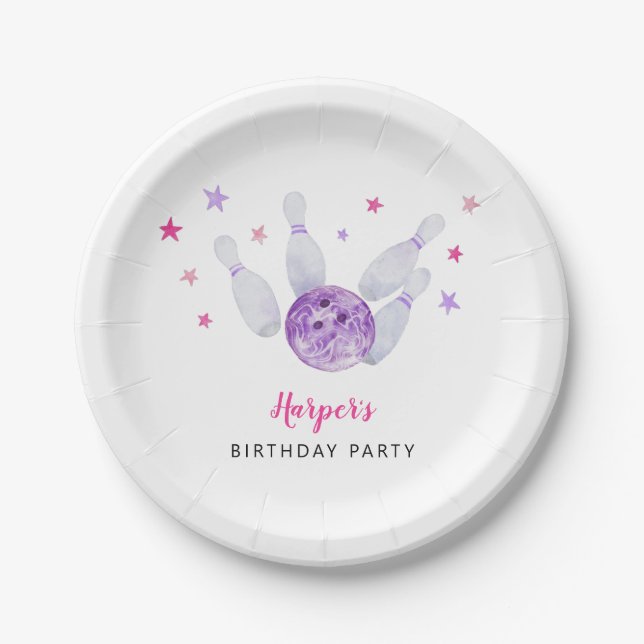 Bowling Birthday Party Pink & Purple Paper Plates (Front)