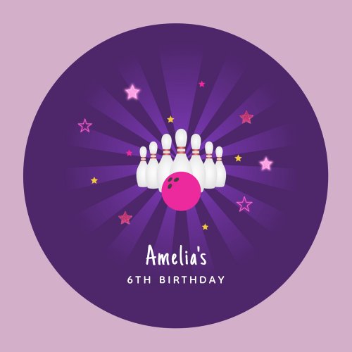 Bowling Birthday Party Pink Purple Stars Favor Classic Round Sticker