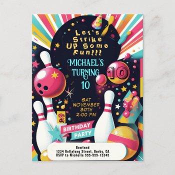 Bowling Birthday Party Postcard by GlitterInvitations at Zazzle