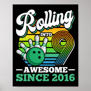 Bowling Birthday Party Rolling Into 9 Years Boy 9t Poster