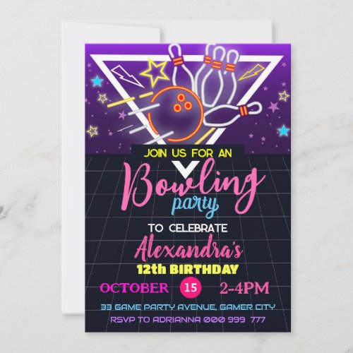 Bowling Birthday Party Strike Neon Party Invitation