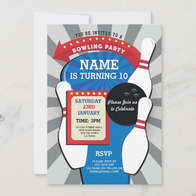 Bowling Birthday Party Tenpin Boys Girls Invite (Front)