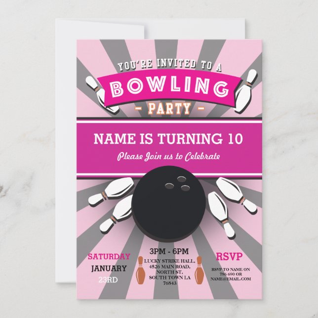 Bowling Birthday Party Tenpin Girls Pink Invite (Front)