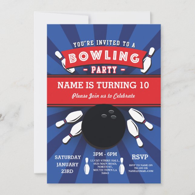 Bowling Birthday Party Tenpin Lucky Strike Invite (Front)