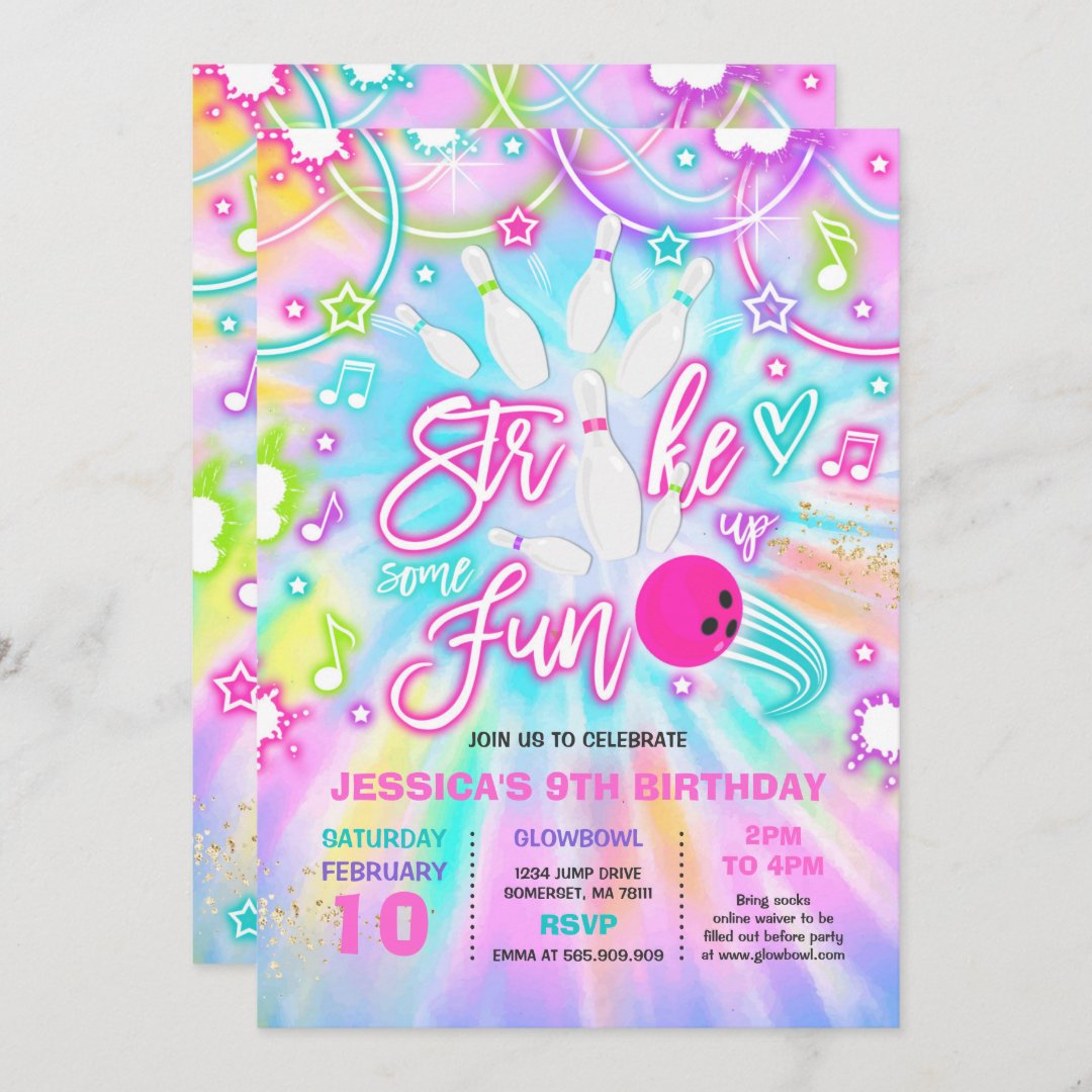 Bowling Birthday Party Tie Dye Glow Bowling Party Invitation Zazzle