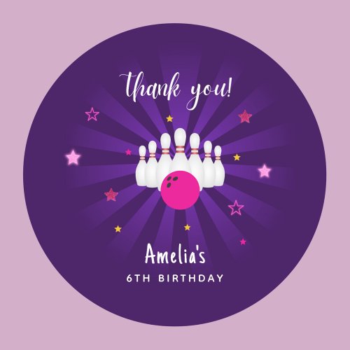 Bowling Birthday Pink Purple Stars Thank you Favor Classic Round Sticker