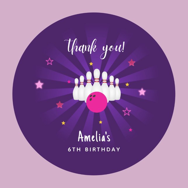 Bowling Birthday Pink Purple Stars Thank you Favor Classic Round Sticker (Creator Uploaded)