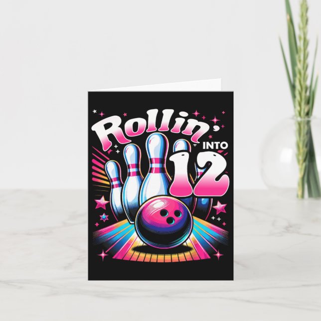 Bowling Birthday Rollin Into 12 Party 12th Bday Re Card (Front)
