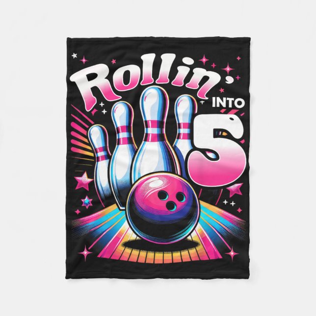 Bowling Birthday Rollin Into 5 Party 5th Birthday  Fleece Blanket (Front)