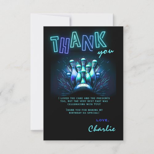 Bowling Birthday Thank You Card Boys Blue Neon