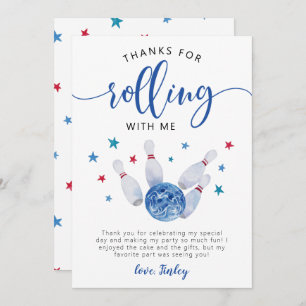 Bowling Blue Birthday Thanks For Rolling With Me Thank You Card