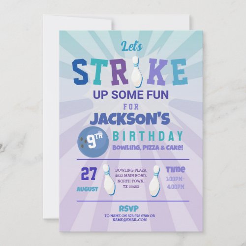 Bowling Blue Strike Fun Bowl Boys Birthday  Invitation