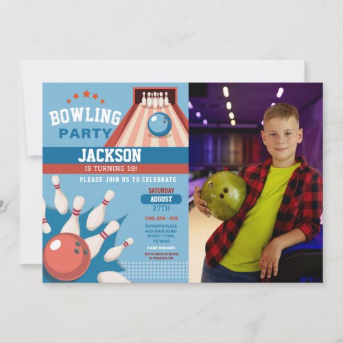 Bowling Blue Strike Fun Bowl Boys Birthday Photo Invitation
