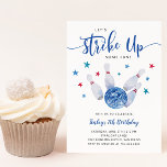 Bowling Boy Birthday Party | Strike Up Some Fun Invitation<br><div class="desc">Fun boy's birthday party invitation card featuring watercolor illustration of a bowling ball hitting some pins with blue and red stars flying. The text says "Let's Strike Up Some Fun!"</div>