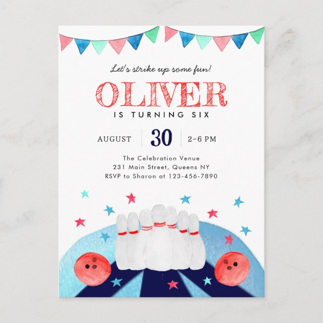 Bowling Boy Birthday Party Strike Up Some Fun Postcard (Front)