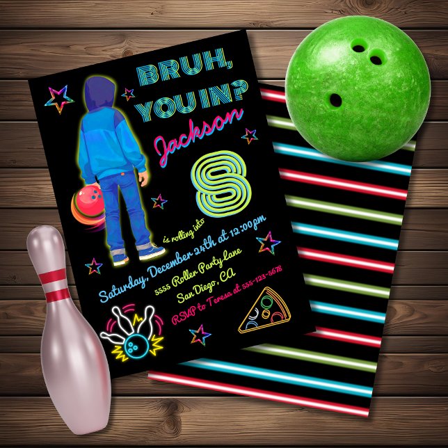 Bowling Bruh Neon Roller Skating Birthday Invitation (Creator Uploaded)
