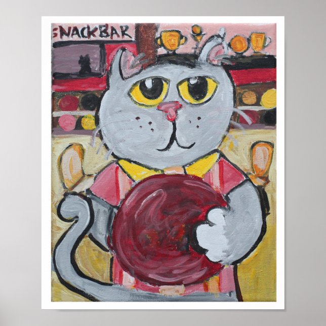 Bowling Cat Folk Art Fun Sport Painting  Poster (Front)