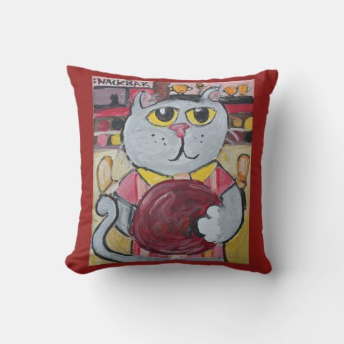 Bowling Cat Folk Art Painting Design Fun Throw Pillow