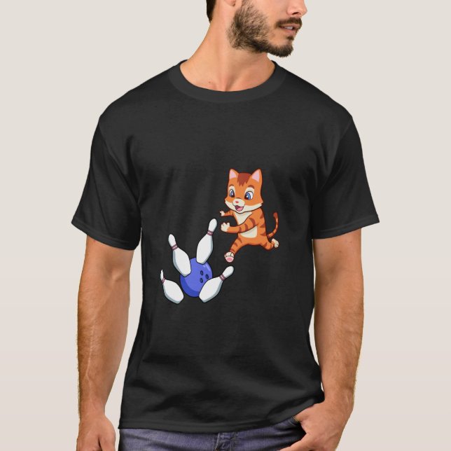 Bowling Cat Knocking Down Pins T-Shirt (Front)