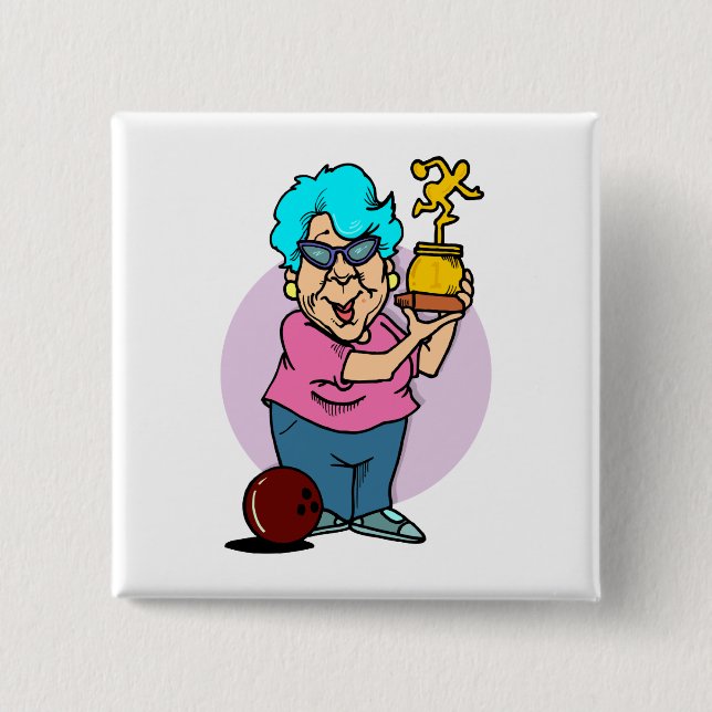 bowling champ granny cartoon button (Front)