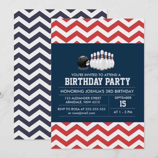 Bowling chevron sport birthday boy invitation (Front/Back)