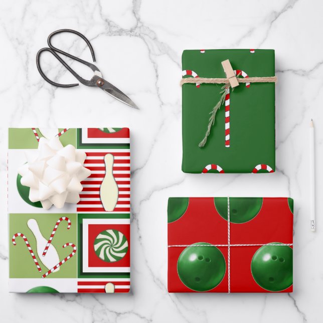 Bowling Christmas Holiday Gift Wrapping Paper Sheets (Front)