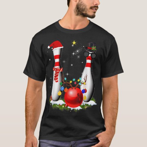 Bowling Christmas Santa Hat Xmas Lights Bowling  T_Shirt