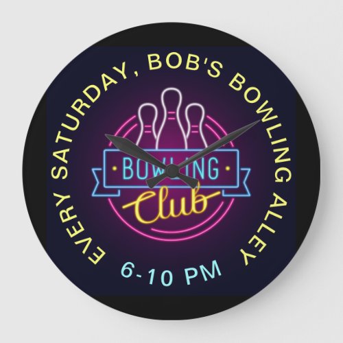 Bowling Club Neon Style Signs Custom Text Large Clock