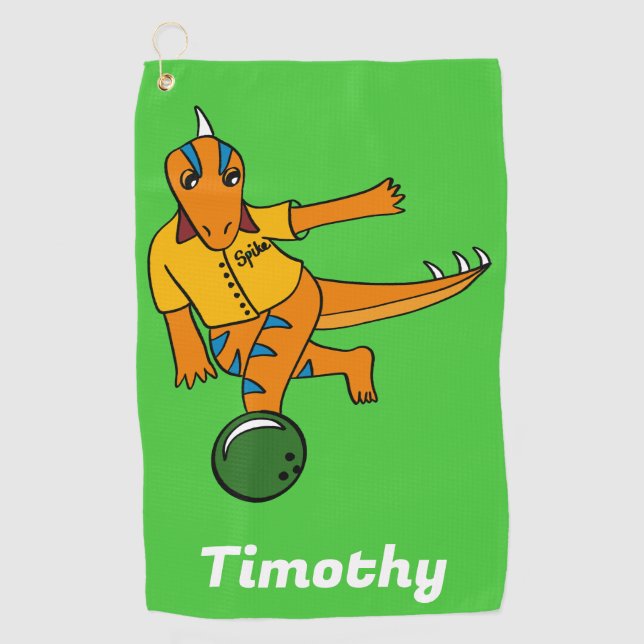 Bowling Dinosaur Cartoon Personalized Bowlers Golf Towel (Front)