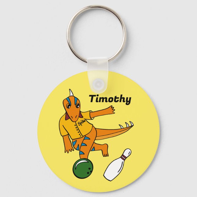 Bowling Dinosaur Cartoon Personalized Bowlers Keychain (Front)