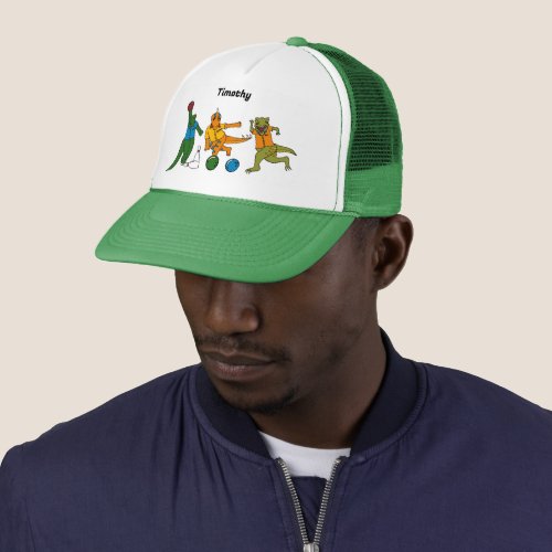 Bowling Dinosaurs Cartoons Personalized Bowlers Trucker Hat