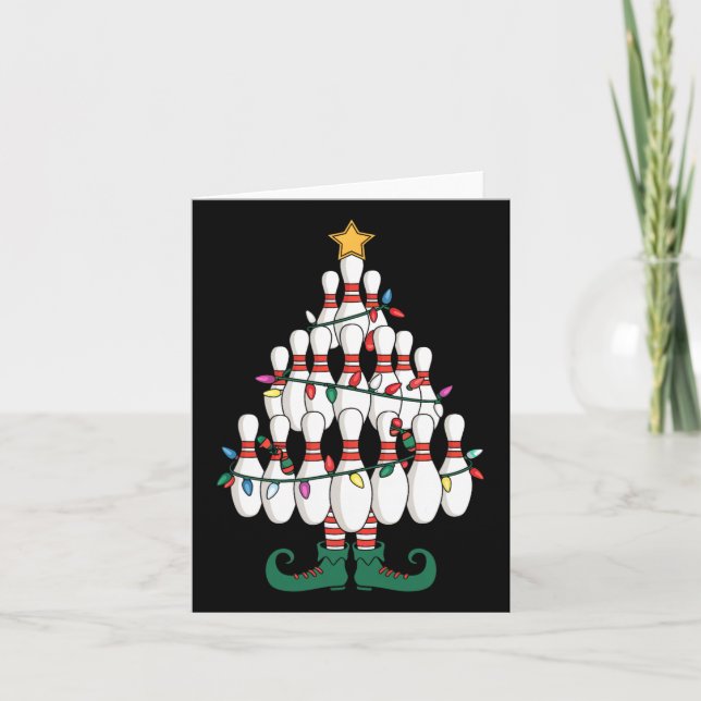 Bowling Elves Pin Strike Christmas Tree Lights Xma Card (Front)