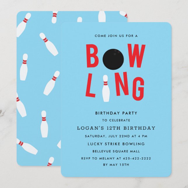 Bowling Fun Kid's birthday party Invitation_blue Invitation (Front/Back)