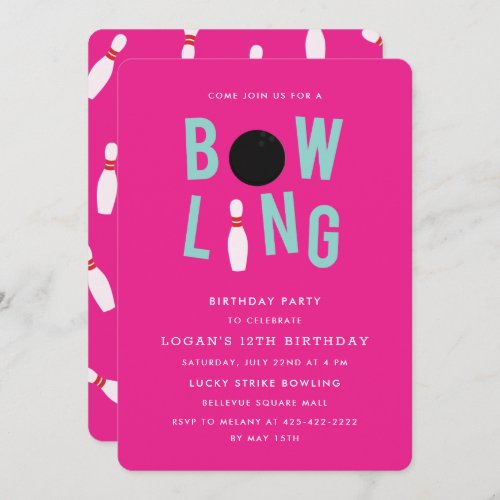 Bowling Fun Kids birthday party Invitation_Pink Invitation