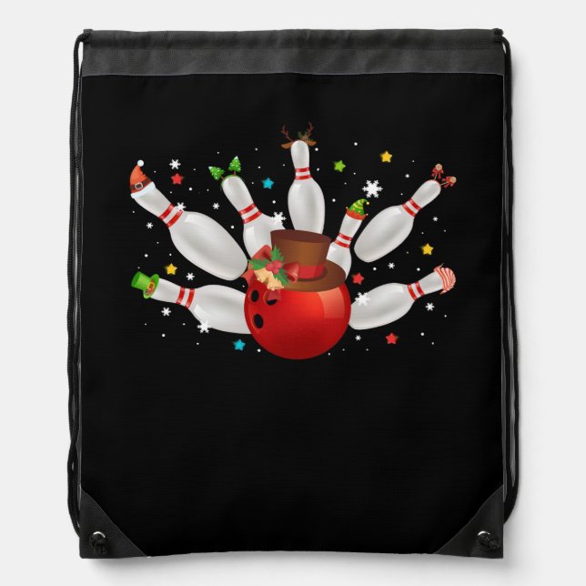 Bowling Game Christmas Bowler Santa Hat Merry Chri Drawstring Bag (Front)