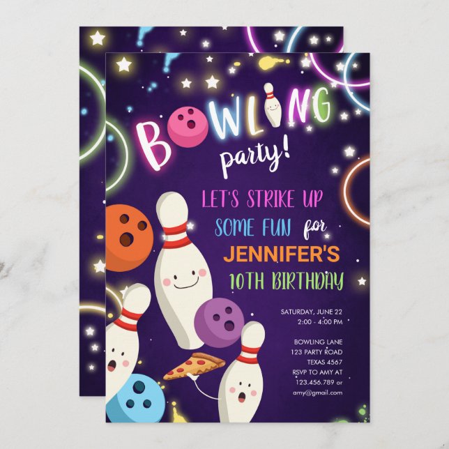 Bowling Glow Neon Disco Girl Birthday Invitation (Front/Back)
