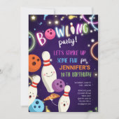 Bowling Glow Neon Disco Girl Birthday Invitation (Front)