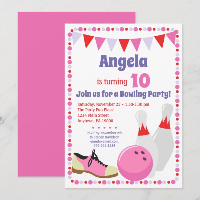 Bowling Invitation Girls Bowling Birthday Party (Front/Back)