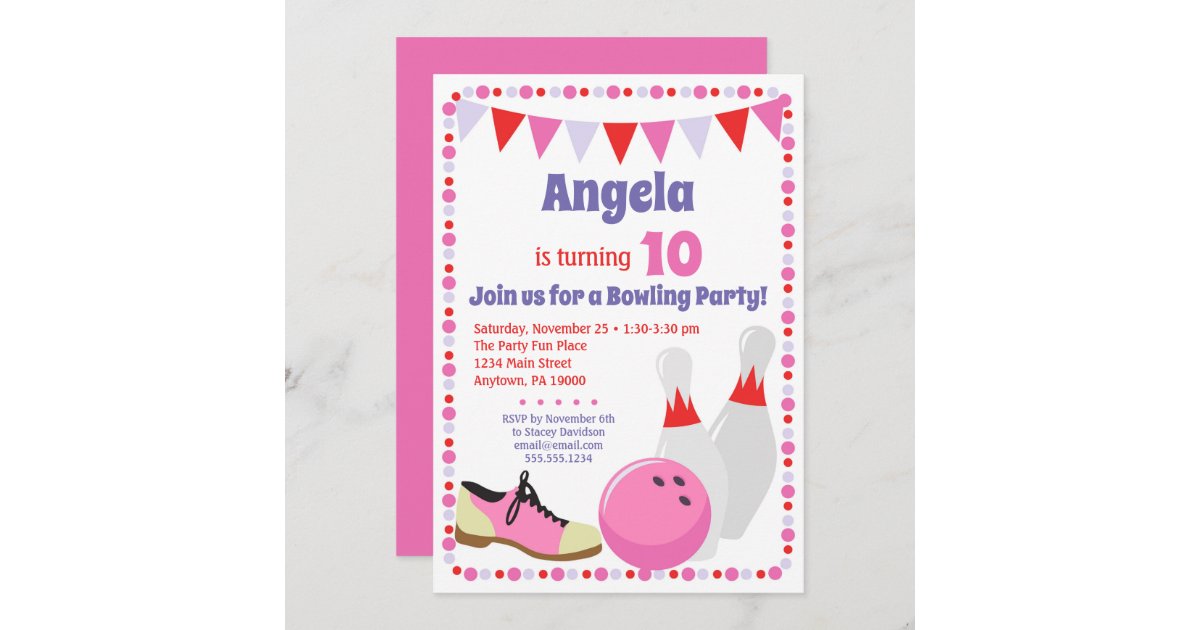 Bowling Pizza & Arcade Birthday Invitation Girl/pink Colors 